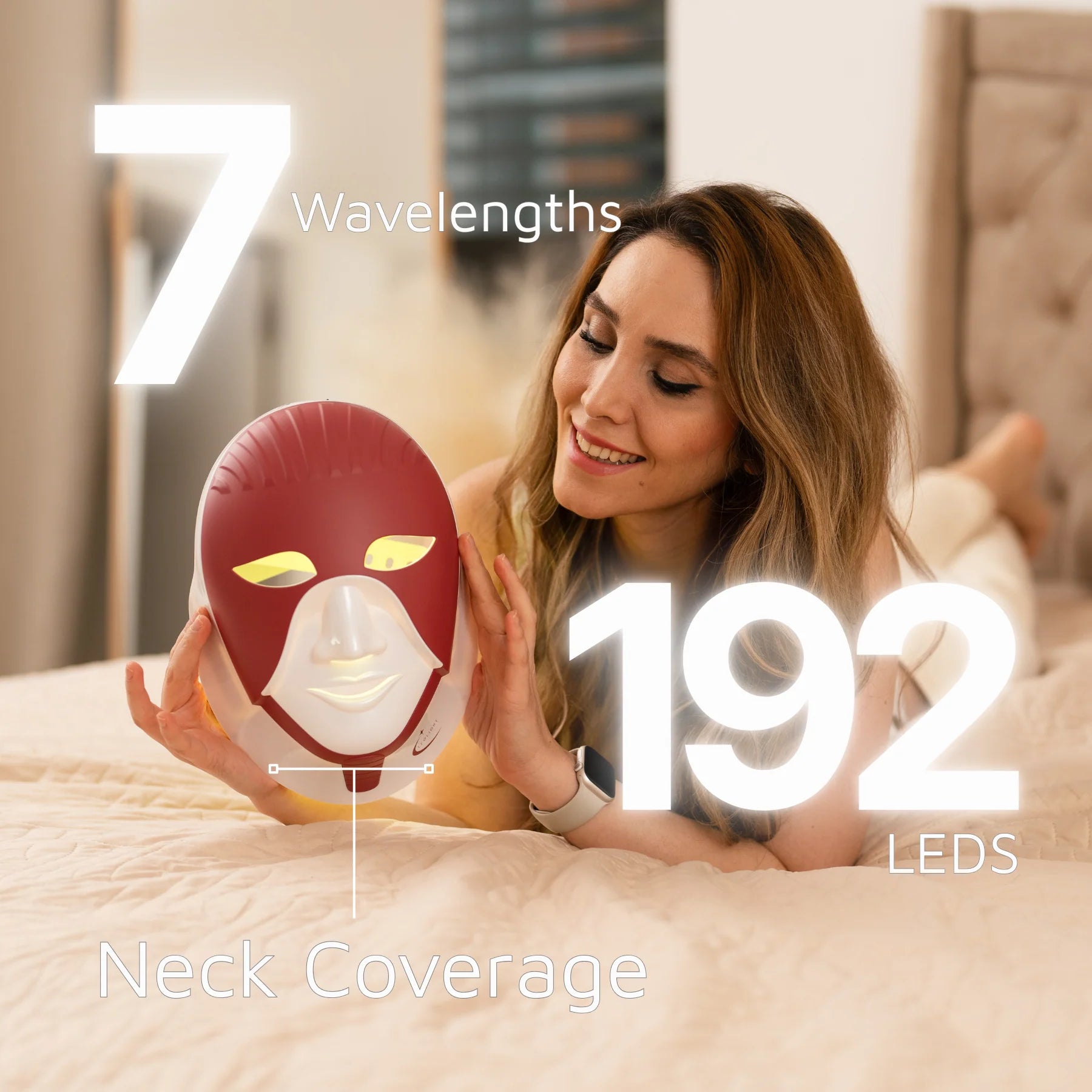 Cleolight LED mask shown with 192 LEDs and 7 wavelengths, including neck coverage for full-face light therapy.